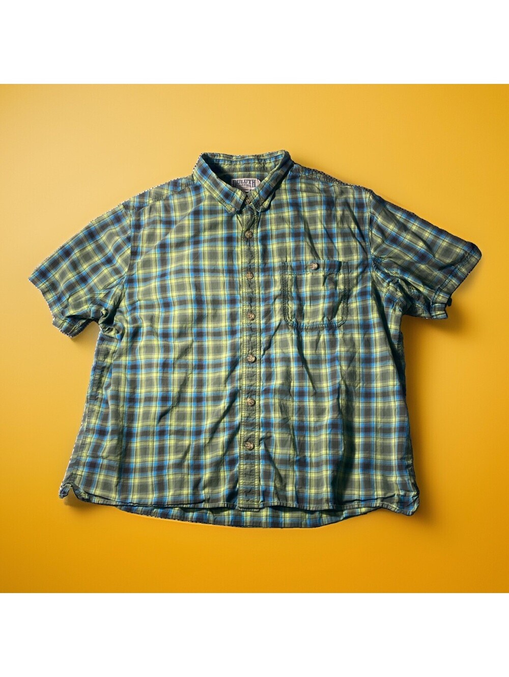 Duluth Trading Co Shirt Men's 2XL Short Sleeve Plaid Button Down Relaxed Green